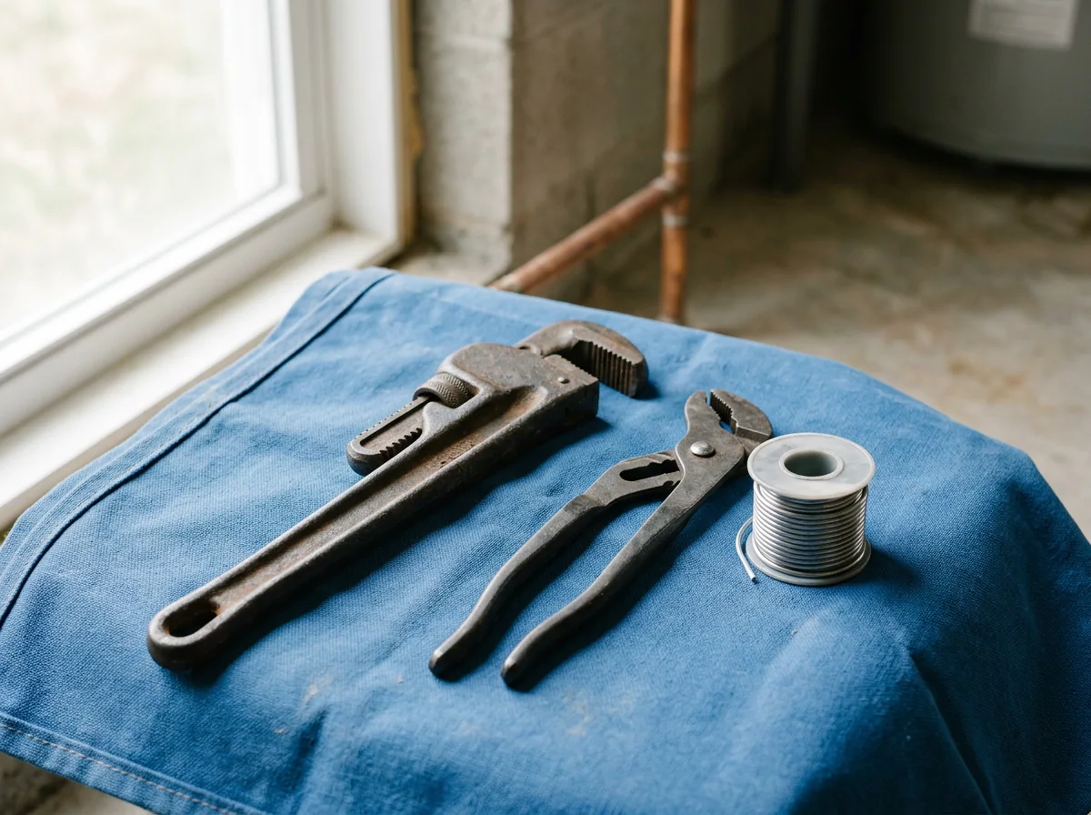 Pipe wrench, tongue-and-groove pliers and solder on a drop cloth